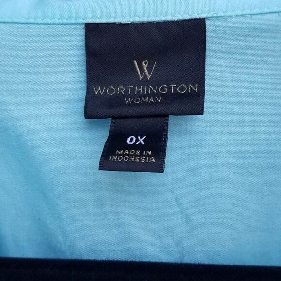 Worthington Light Blue Short Sleeve Cotton Button Down Blouse size OX - Picture 2 of 7